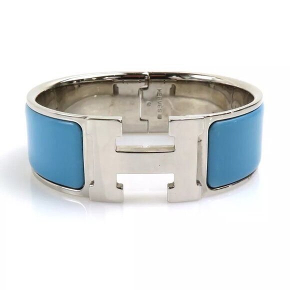 HERMES Clic Clac Bangle Bracelet Silver/Light Blue Metal/Enamel - - Picture 1 of 12